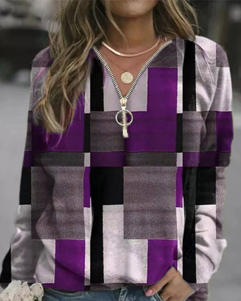 

Geometric Print Zip Front Long Sleeve Sweatshirt, Purple