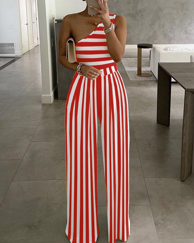 

One Shoulder Striped Colorblock Jumpsuit, Red