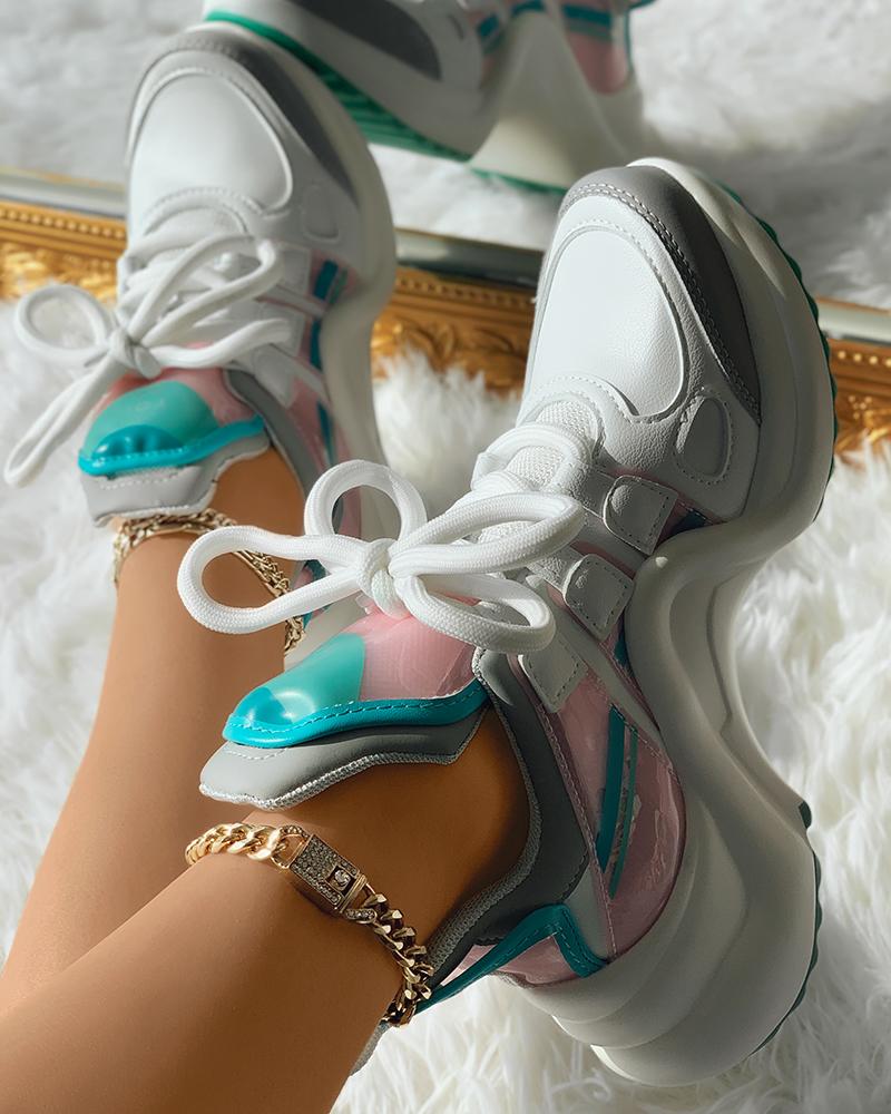 

Lace-up Front Colorblock Wedge Sneaker, White&blue