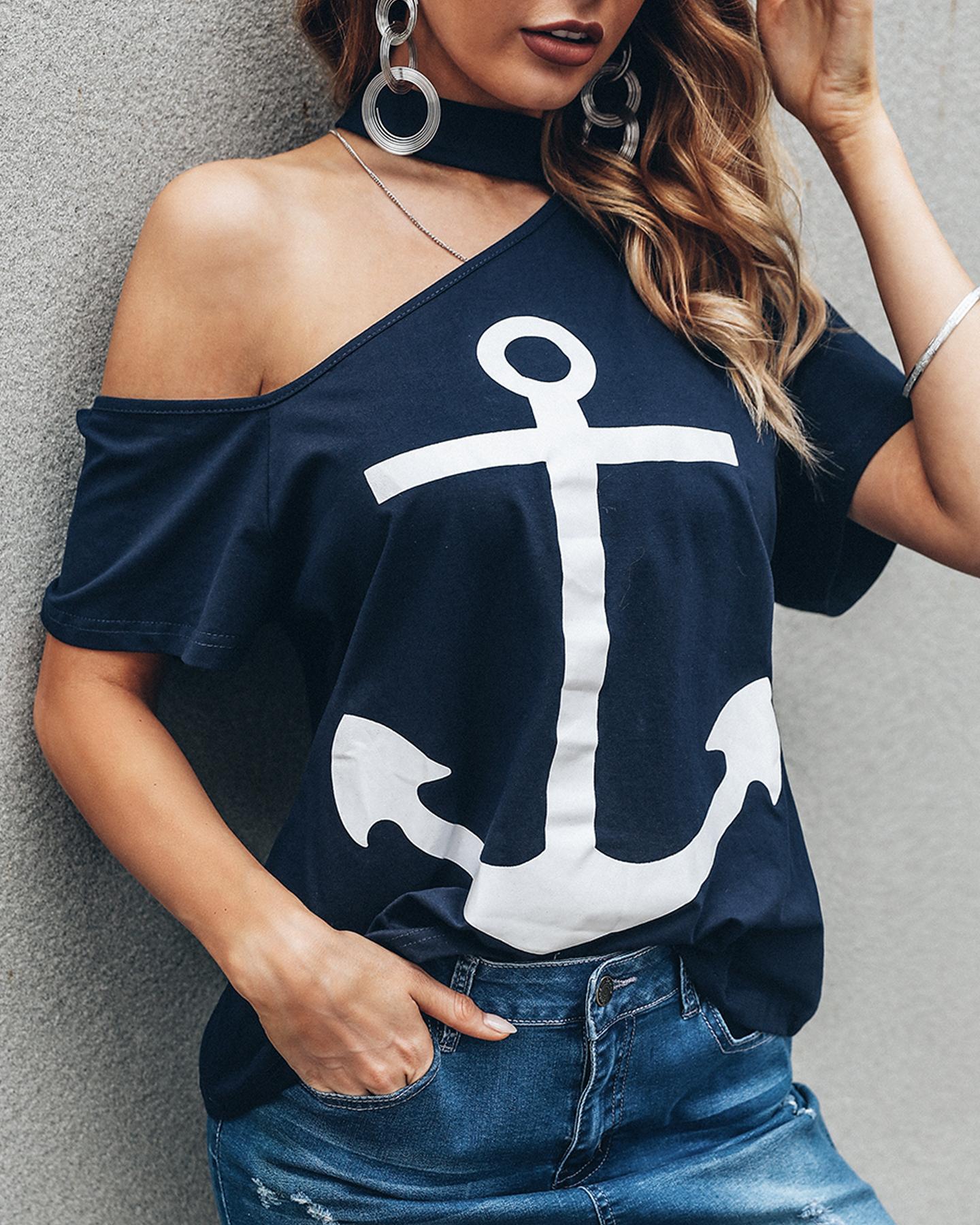 

Choker Cold Shoulder Boat Anchor Print T-Shirt, Dark blue
