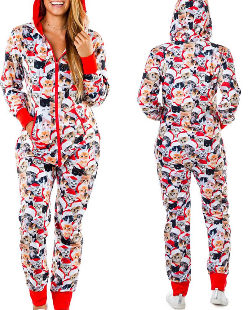 

Christmas Zipper Design Long Sleeve Hooded Lounge Jumpsuit, Purplish blue