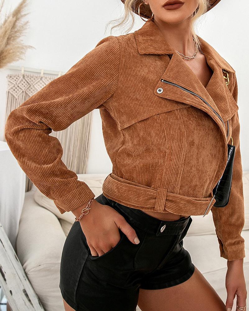 

Zipper Design Long Sleeve Crop Jacket, Khaki
