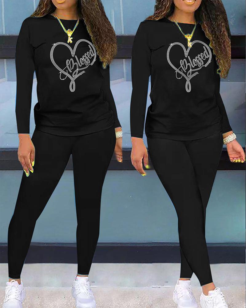 

Rhinestone Letter Heart Pattern Casual Top & Pants Set, Black