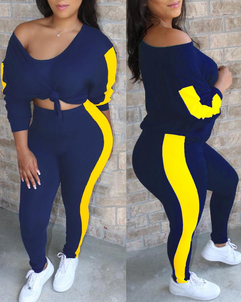 

Plus Size Contrast Paneled Casual Top & Pants Set, Blue