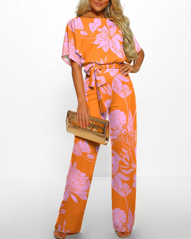 

Plants Print Batwing Sleeve Belted Jumpsuit, Orange