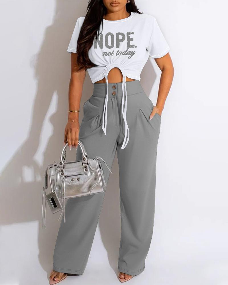 

Nope Not Today Print Drawstring Crop Top & Buttoned Pants Set, Gray