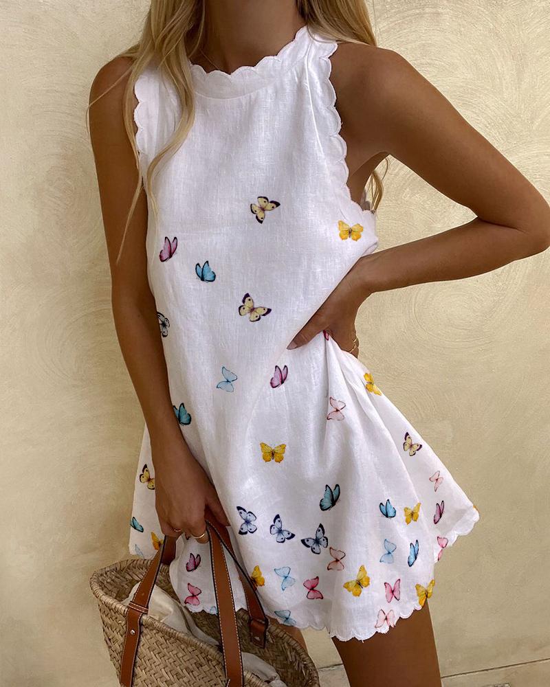 

Butterfly Print Contrast Lace Scallop Trim Casual Dress, White