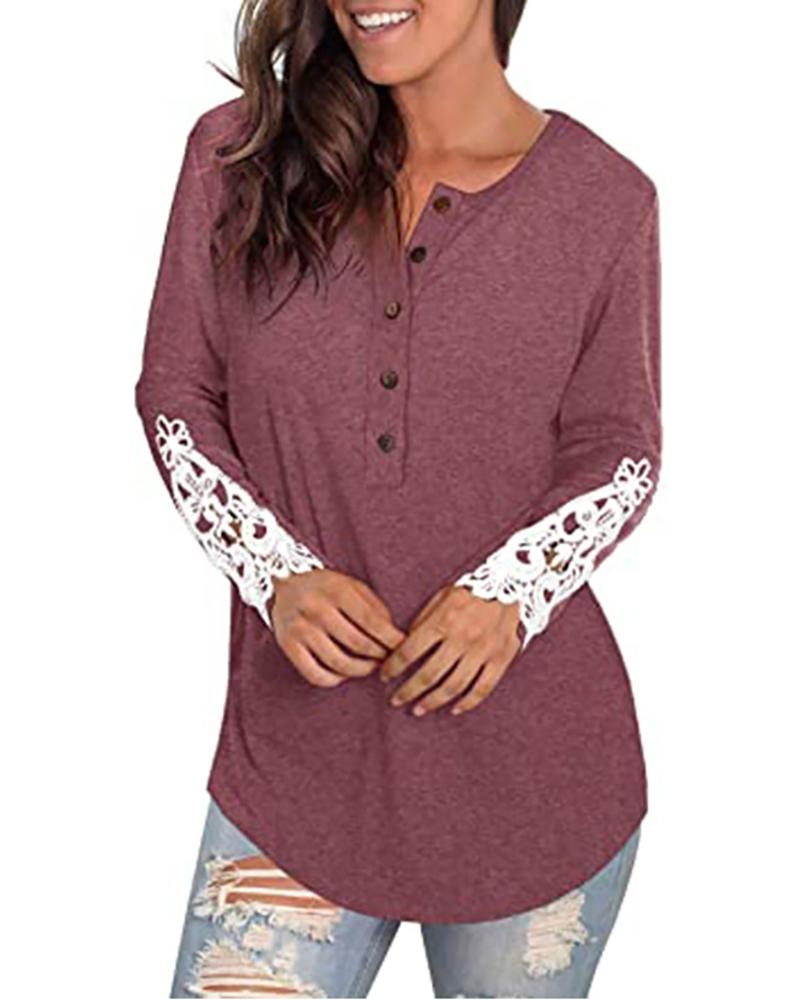 

Lace Patch Long Sleeve Button Design Top, Red