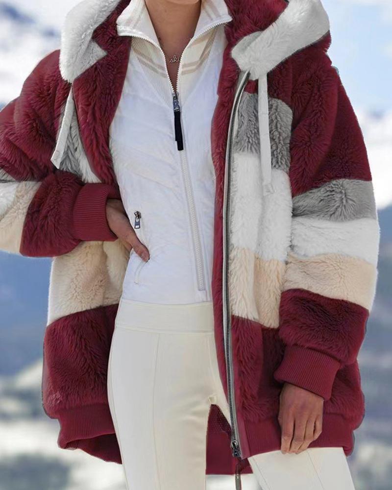 

Colorblock Long Sleeve Hooded Teddy Coat, Red