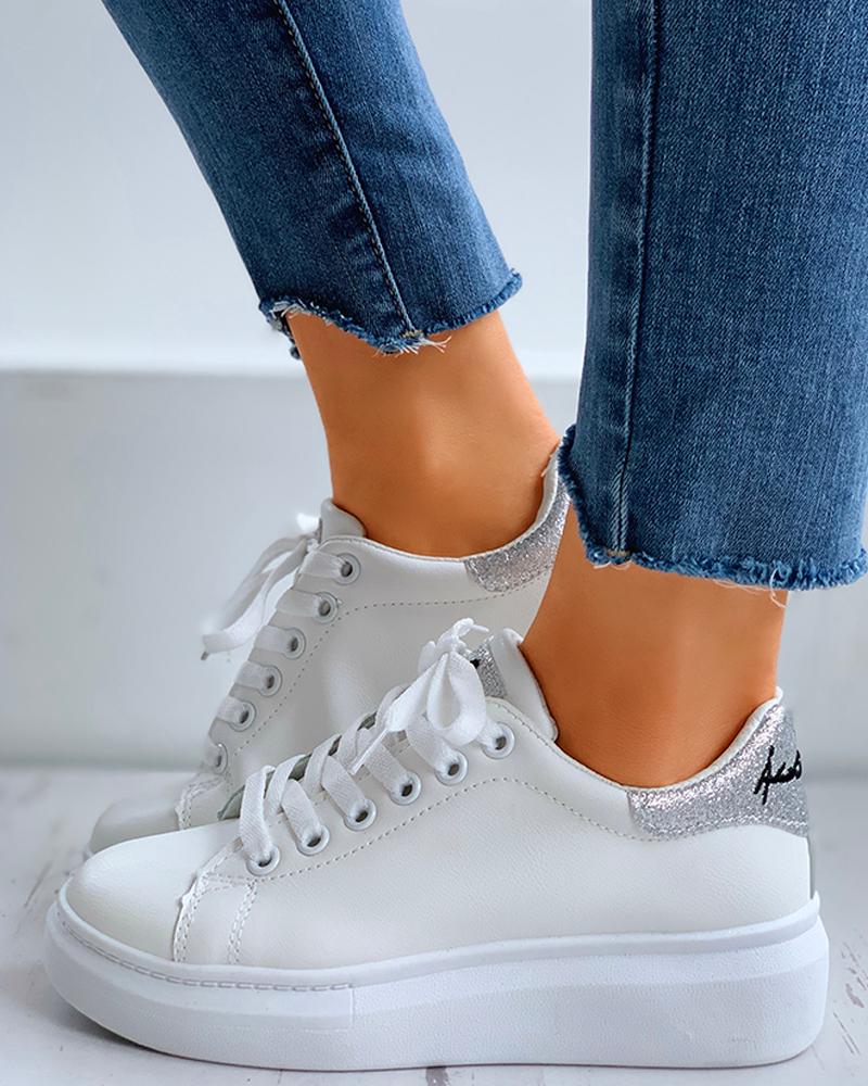 

Glitter Letter Embroidery Lace-Up Casual Sneakers, Silver