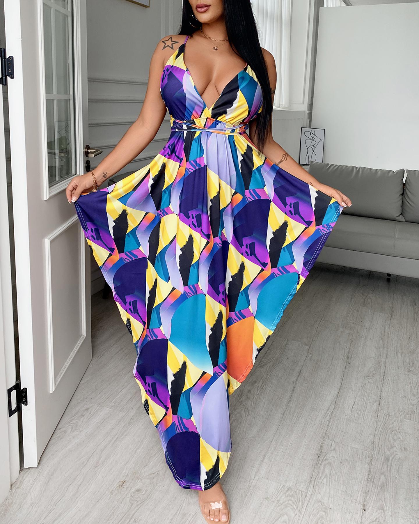 

Colorblock Backless High Slit Ruffles Asymmetrical Dress, Multicolor