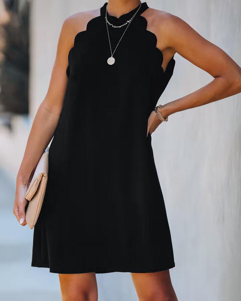 

Scallop Trim Sleeveless Casual Dress, Black