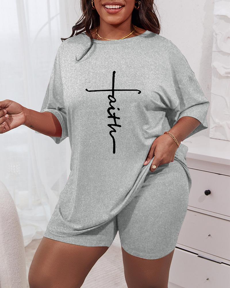 

Plus Size Faith Print Short Sleeve Pajamas Set, Gray