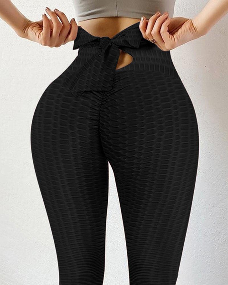 

Textured High Waist Tie Back Scrunch Butt Lift Yoga Pants, Black