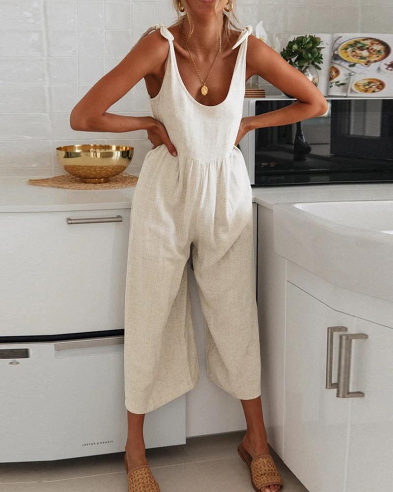 

Solid Color Lace-up Sling Overall Jumpsuit, White