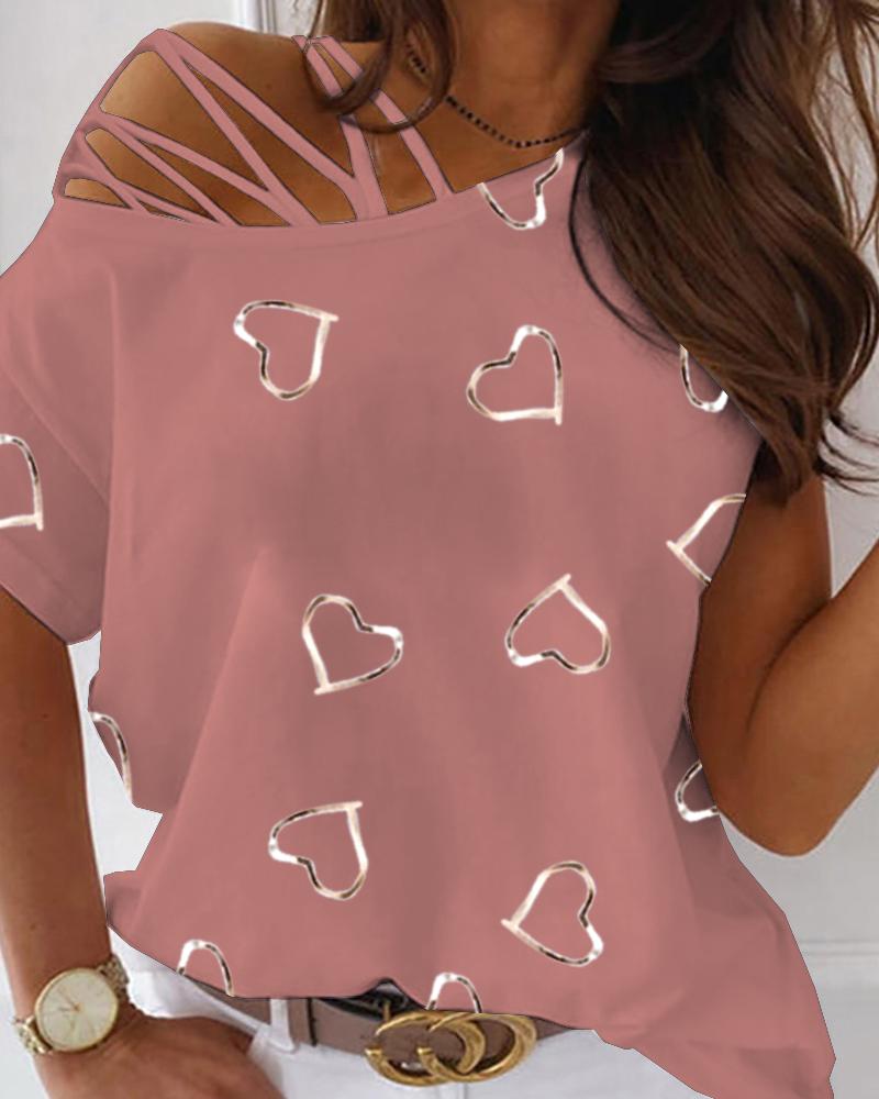 

Lace-up Cold Shoulder Heart Print T-shirt, Pink