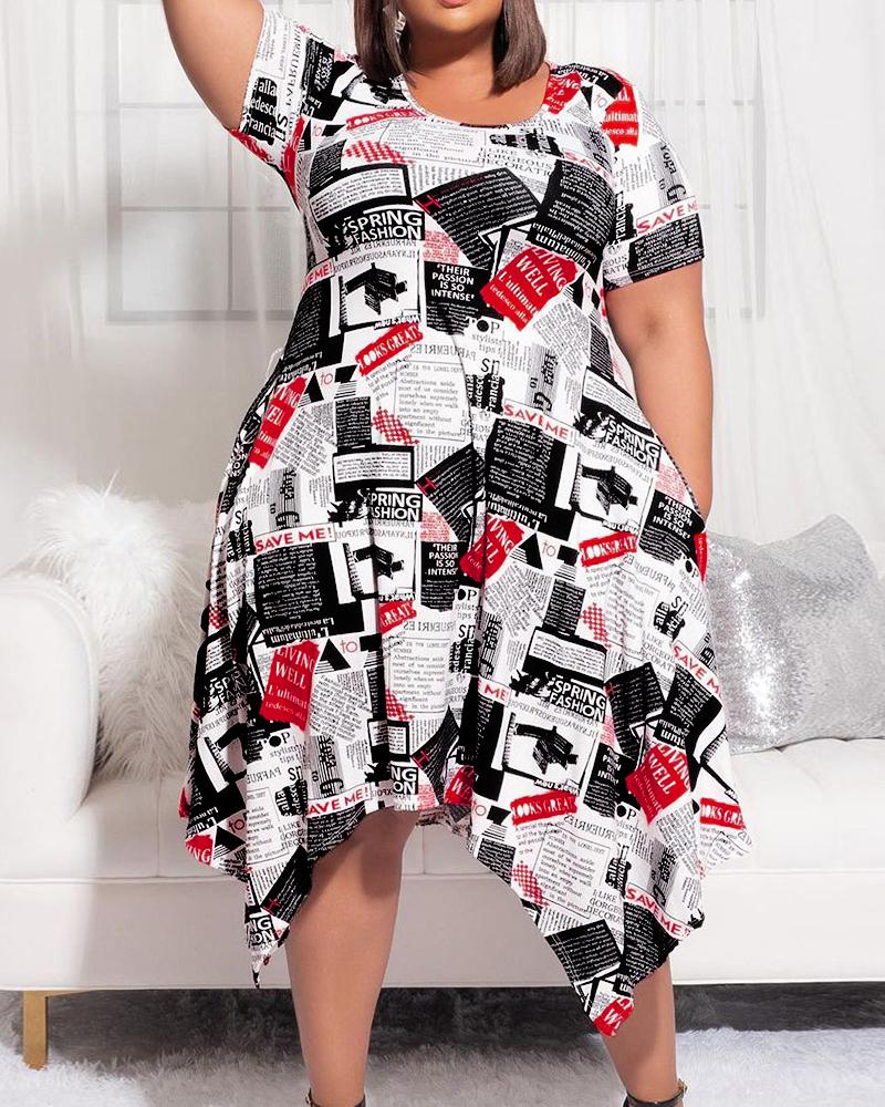 

Plus Size Newspaper Print Asymmetrical Dress, White