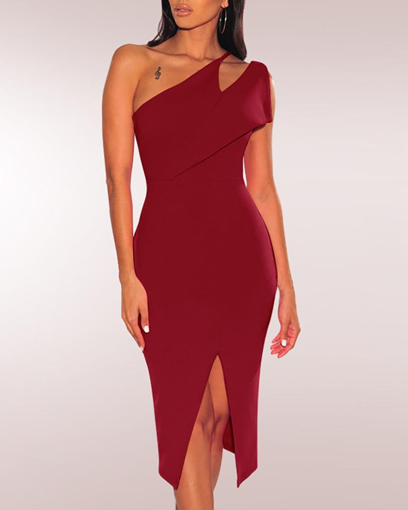 

One Shoulder Slit Bodycon Dress, Wine red