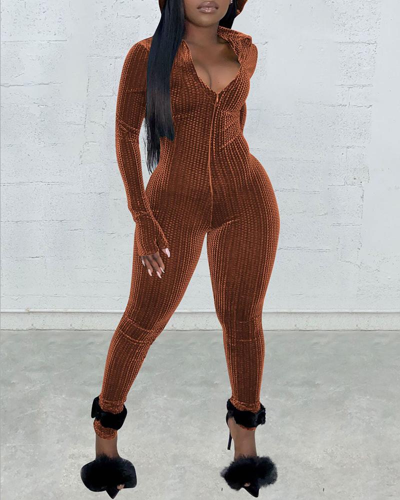 

Velvet Long Sleeve Zipper Design Skinny Jumpsuit, Brown