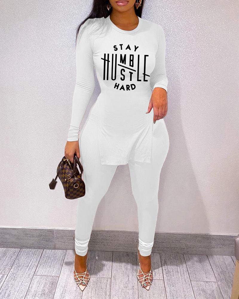 

Ribbed Long Sleeve Letter Print Slit Top & Pants Set, White