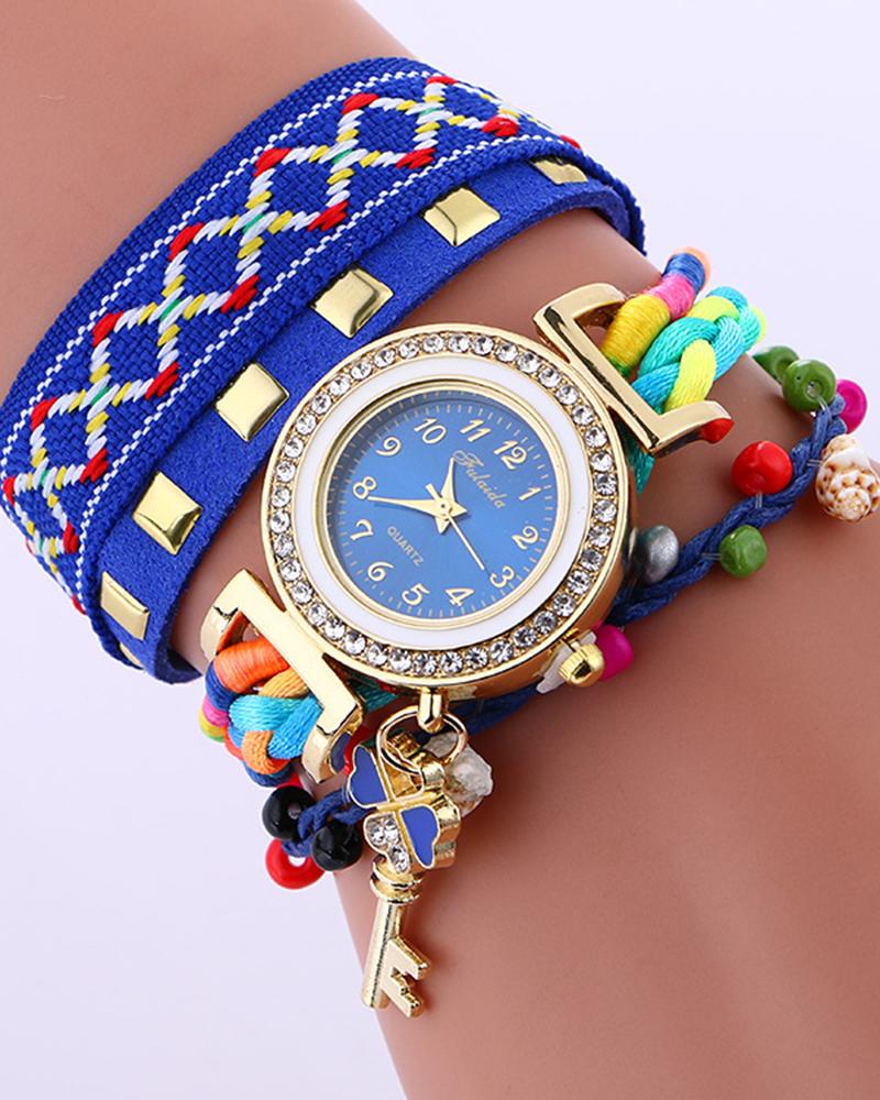 

1pc Tribal Studded Beaded Stackable Bangle Quartz Watch, Dark blue