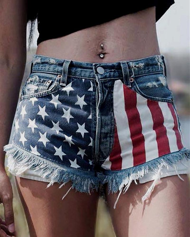 

Independence Day Flag Print Patchwork Buttoned Denim Shorts, Blue