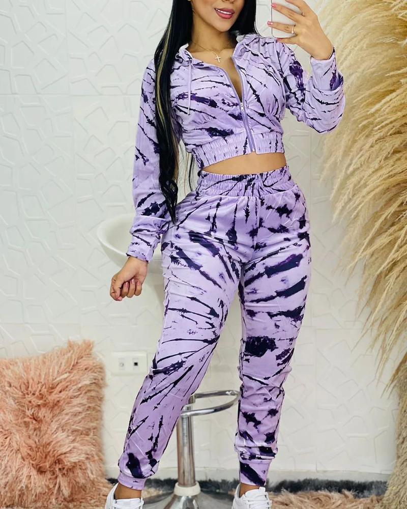 

Tie Dye Print Zip Up Hooded Crop Top & Pants Set, Purple