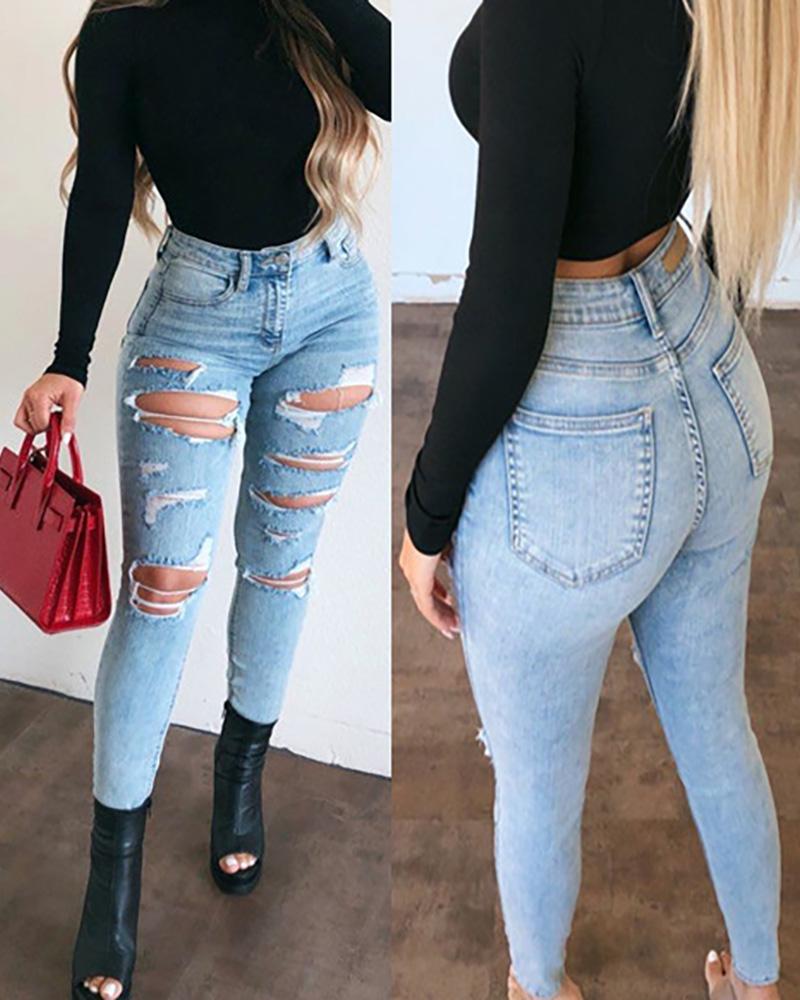 

Cutout Ripped Casual Jeans, Blue