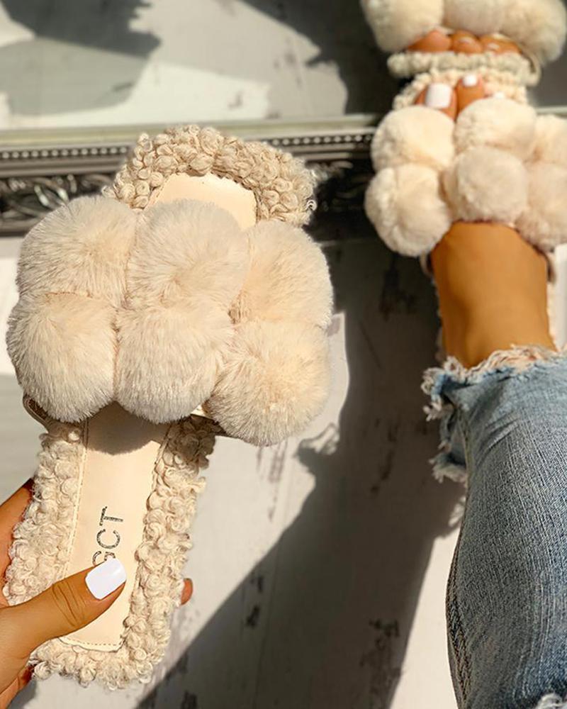

Villus Fluffy Casual Flat Sandals, Beige