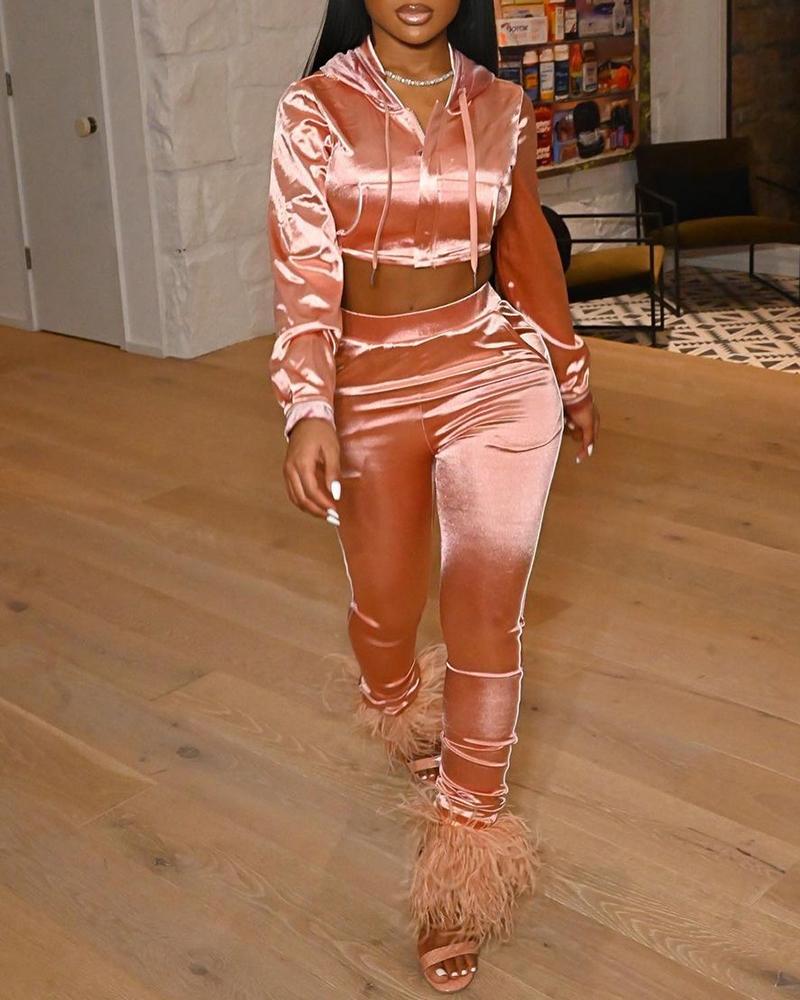 

Long Sleeve Hooded Crop Top & Pants Set, Orange