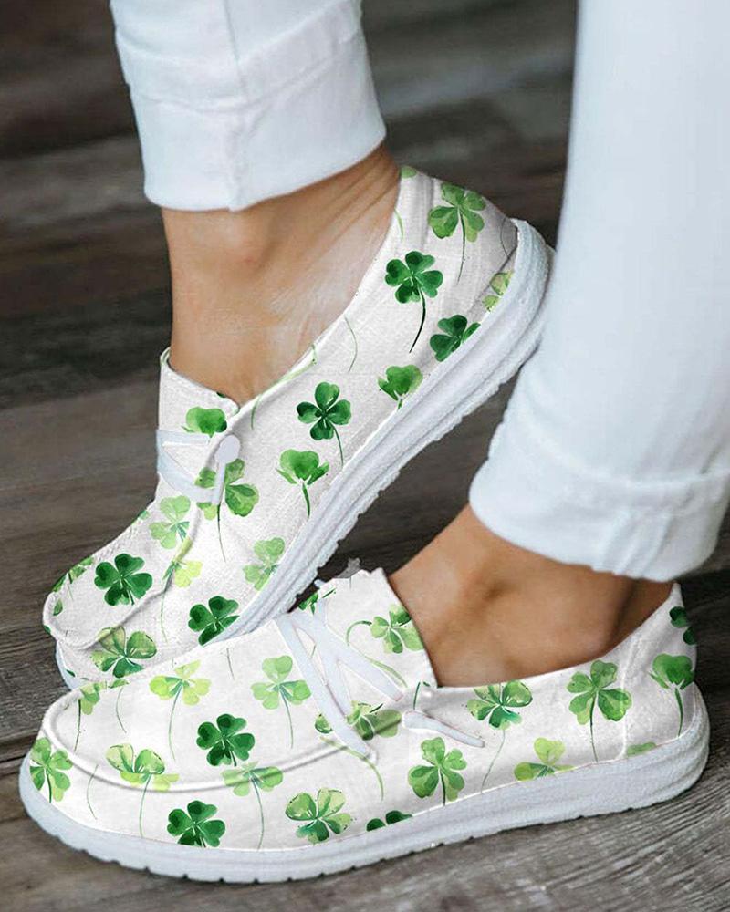 

St. Patrick's Day Clover Print Lace-up Canvas Slip-on, White&green