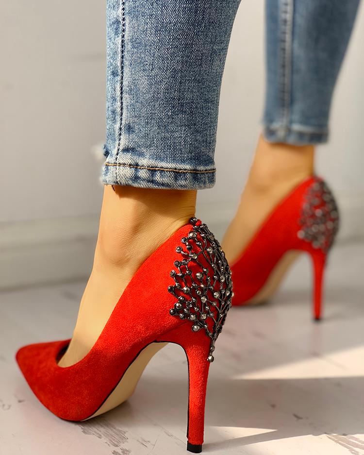 

Rivets & Metallic Embellished Pointed Toe Heels, Red