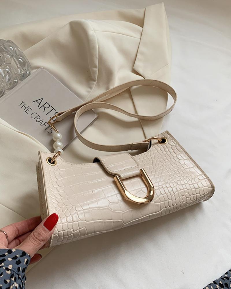 

Embossed Pearls Decor Baguette Bag, Beige
