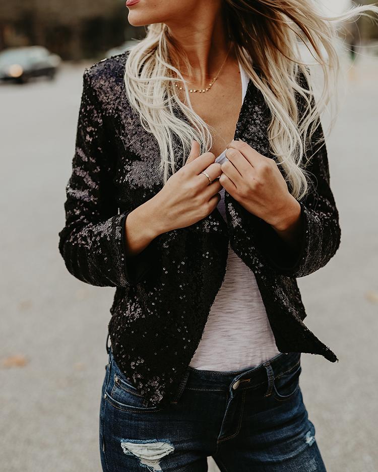 

Sequins Irregular Open Front Jacket, Black