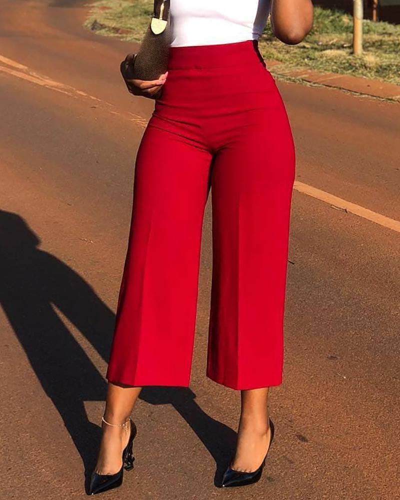 

High Waist Plain Wide Leg Pants, Red