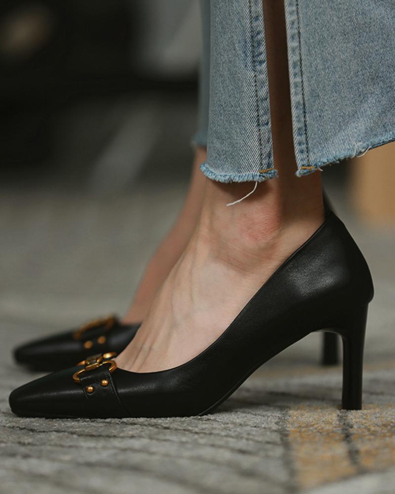 

Square Toe Metal Buckle Stiletto Heels, Black