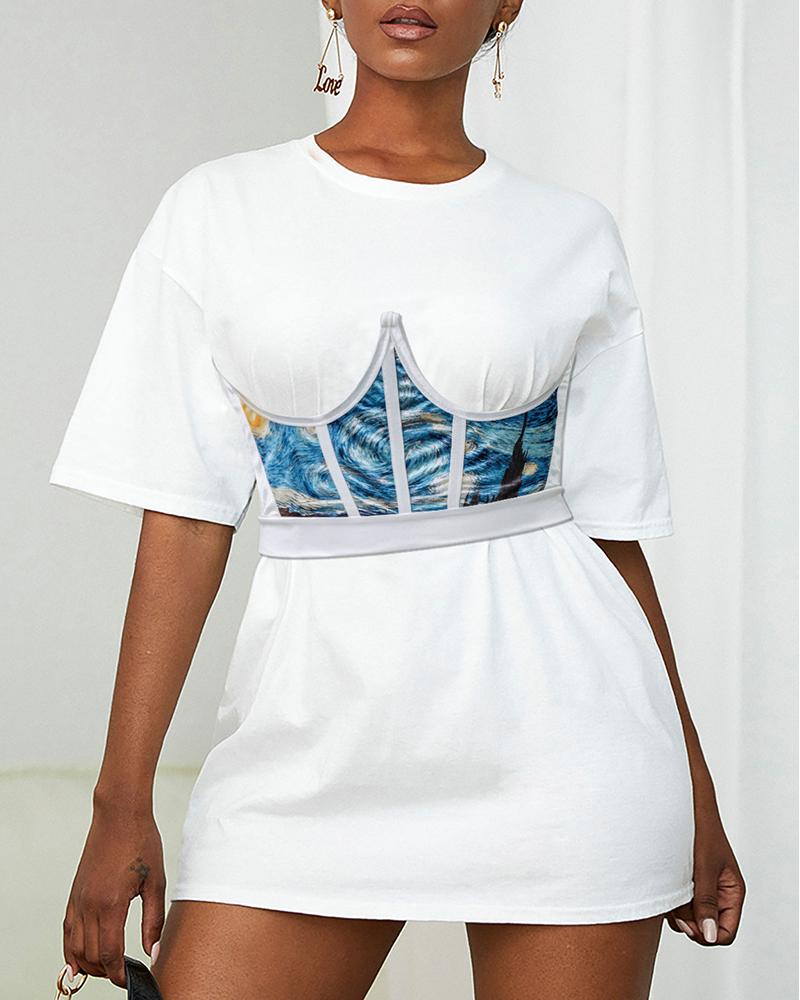 

Retro Art Print Waist Elastic Band Corset, Blue