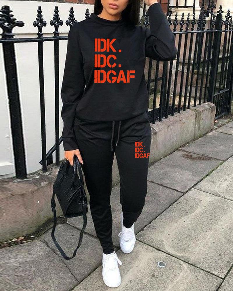 

Plus Size Letter Print Long Sleeve Casual Top & Pants Set, Black
