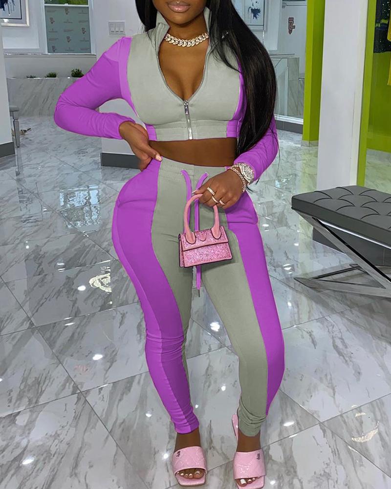 

Plus Size Colorblock Zip Crop Top & Drawstring Pants Set, Purple