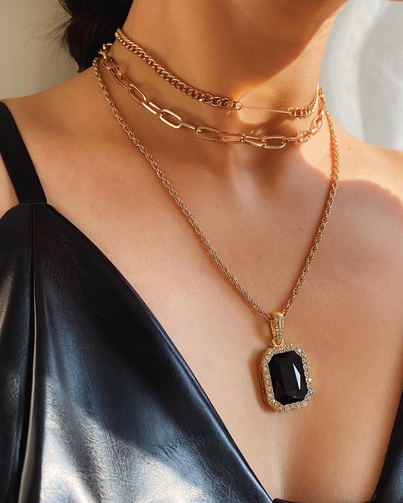 

3PCS Rhinestone Geometric Gem Pendant Layered Necklace, Gold