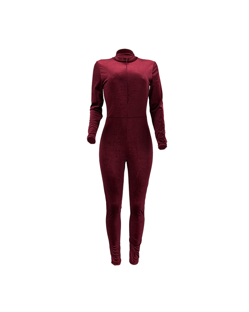 

Long Sleeve Zip Front Velvet Skinny Jumpsuit, Wine red