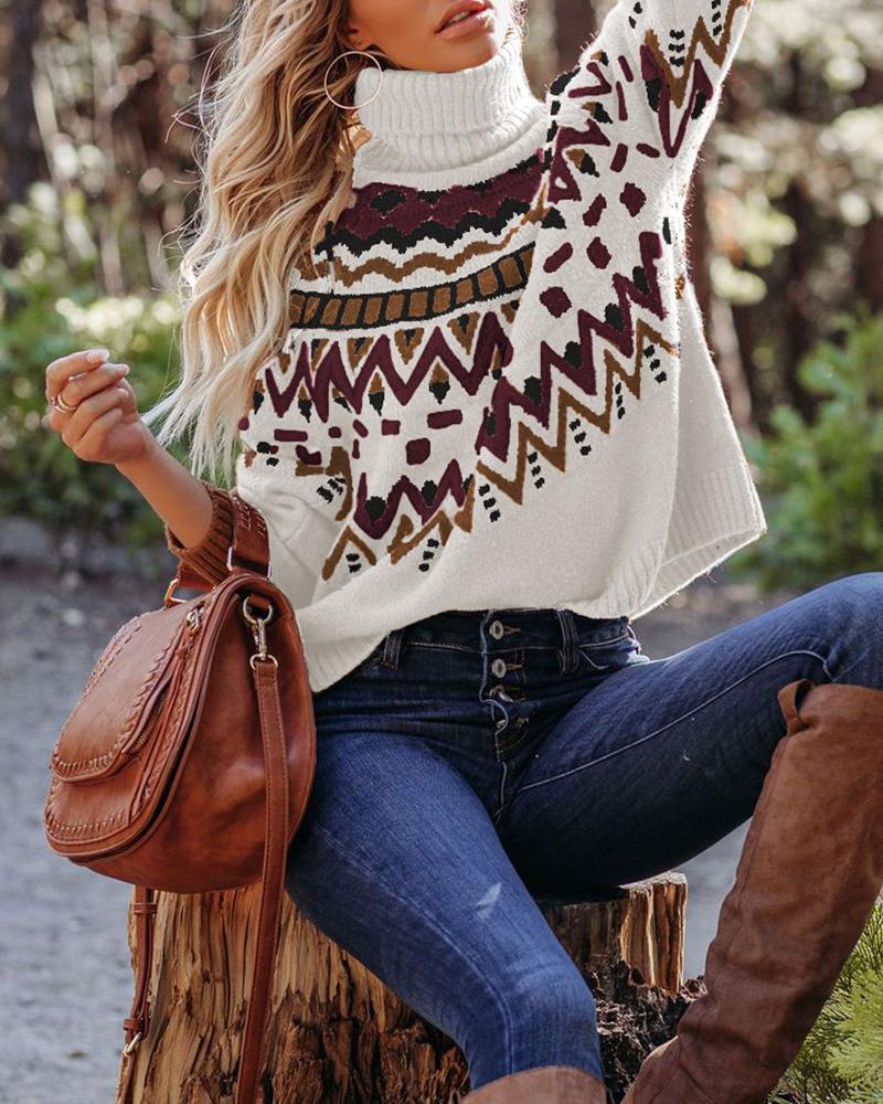 

Geometric Pattern High Neck Knit Sweater, Apricot