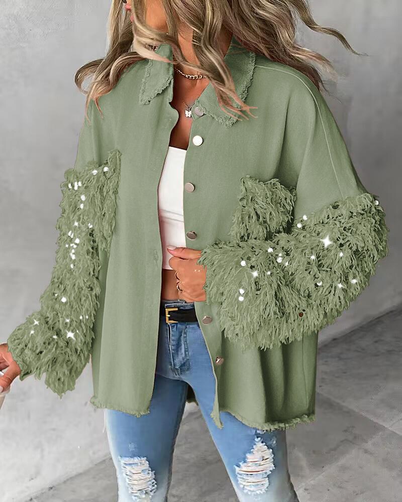 

Contrast Sequin Tassel Design Fuzzy Patchwork Shacket, Green