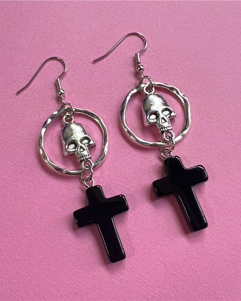 

1Pair Halloween Gothic Skull & Cross Dangle Drop Earrings, Black