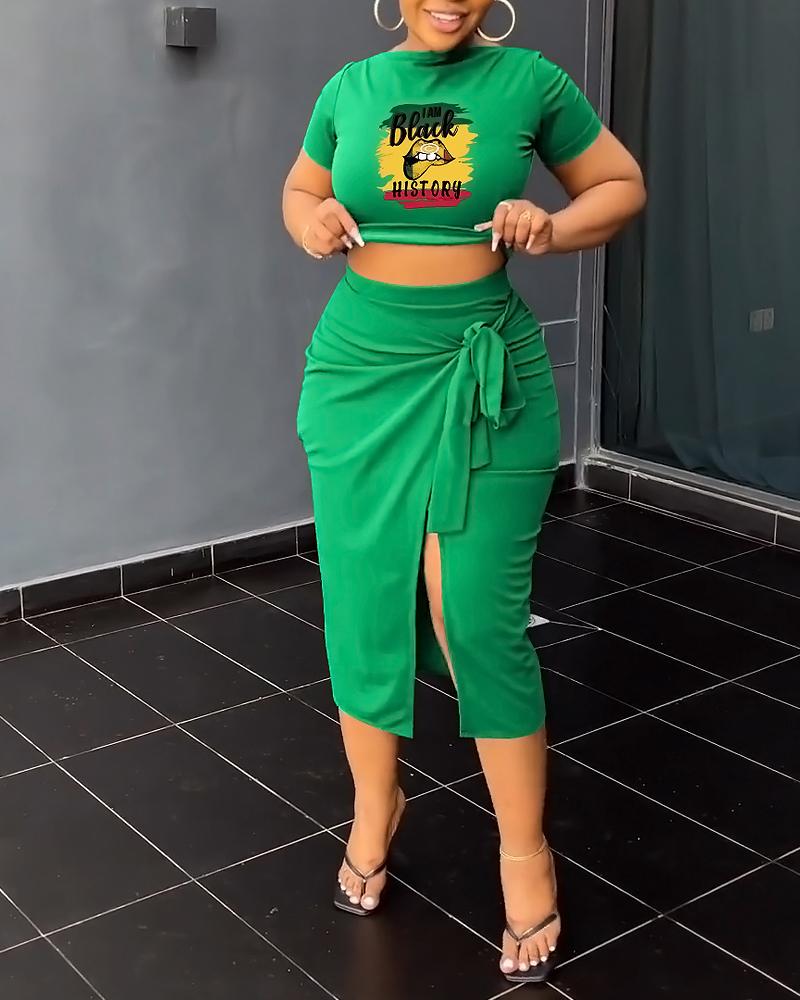 

Lip Print Boat Neck Top & Slit Skirt Set, Green