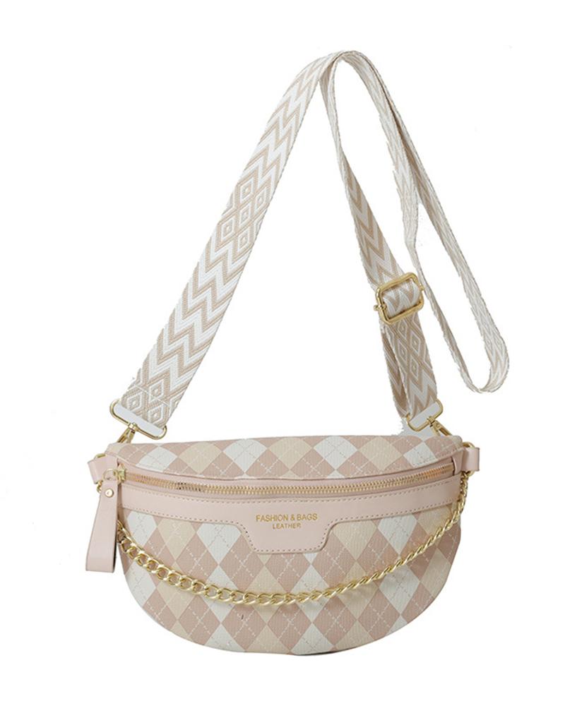 

Chain Decor Zipper Design Crossbody Bag Argyle Fanny Pack, Khaki