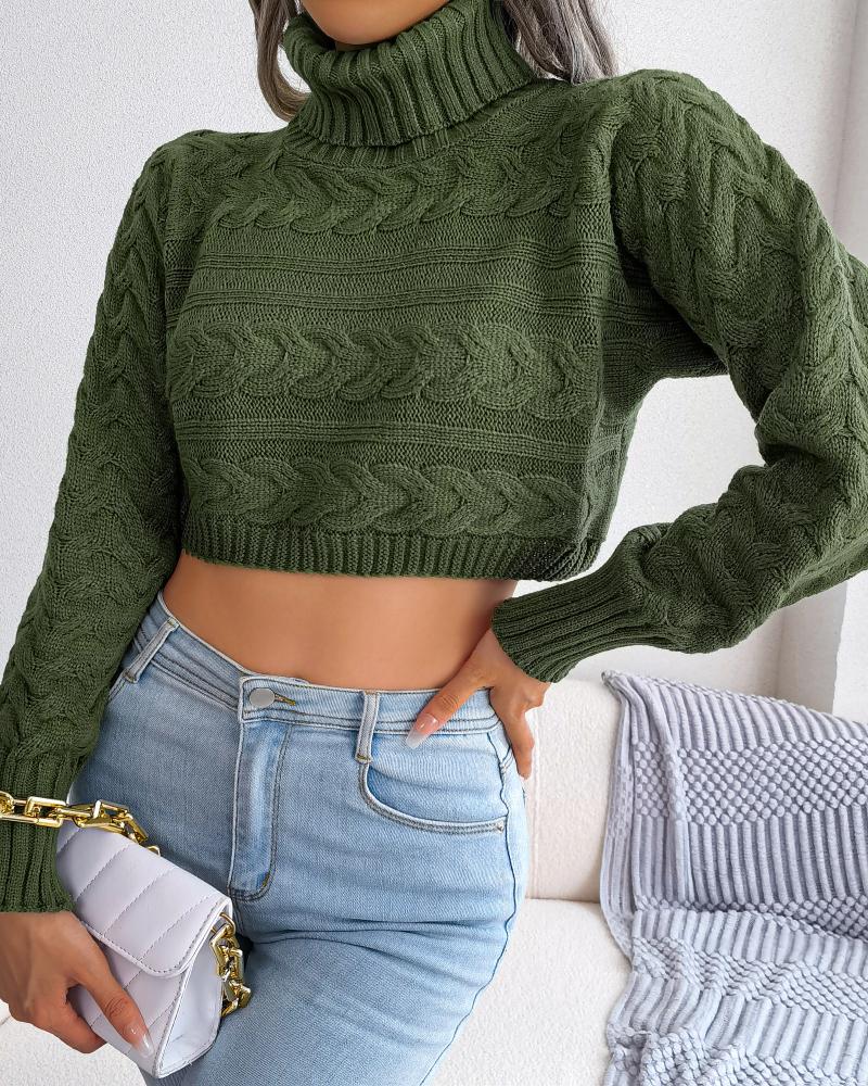 

Long Sleeve Cable Knit Crop Sweater, Army green