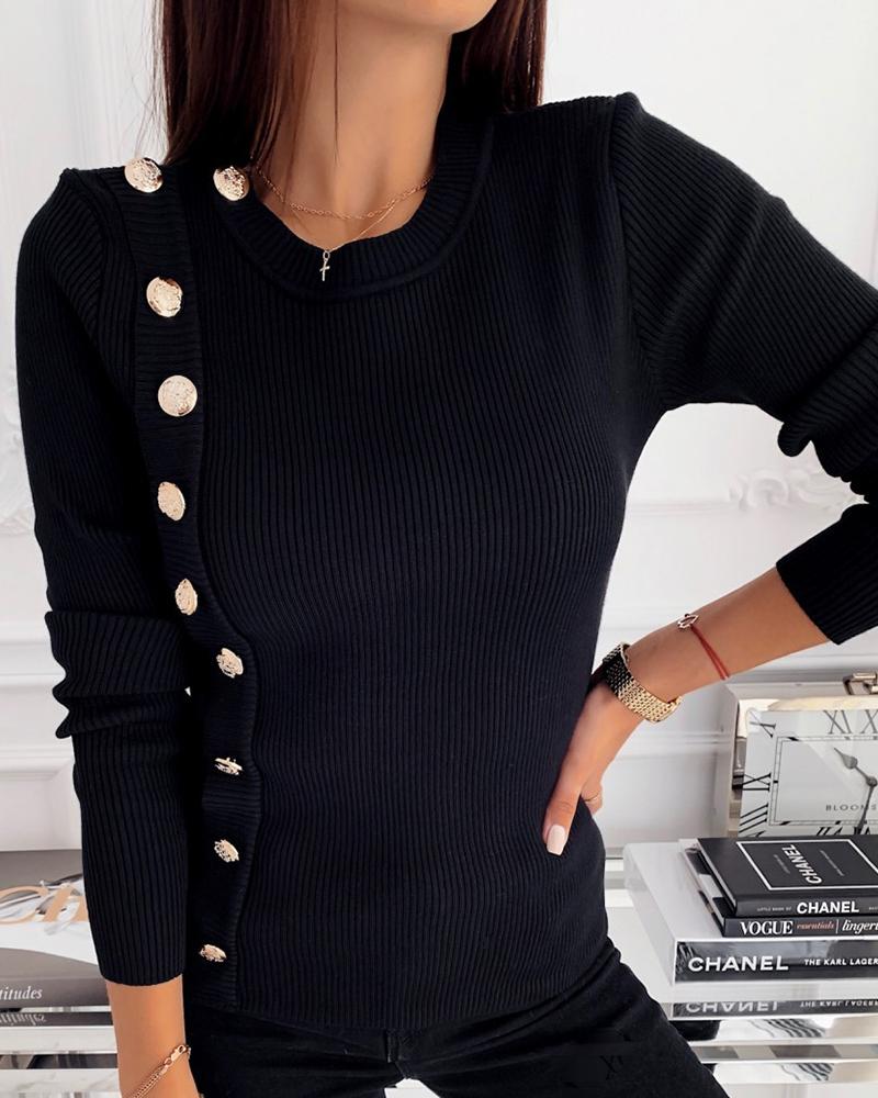 

Round Neck Ribbed Long Sleeve Buttoned Casual Blouse, Black