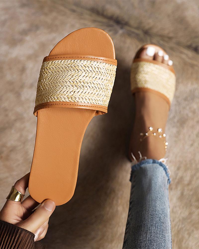 

Round-toe Solid Color Weave Strap Flat Slippers, Yellow