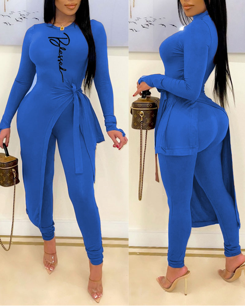 

Letter Print Tied Detail Asymmetrical Top & Pants Set, Blue